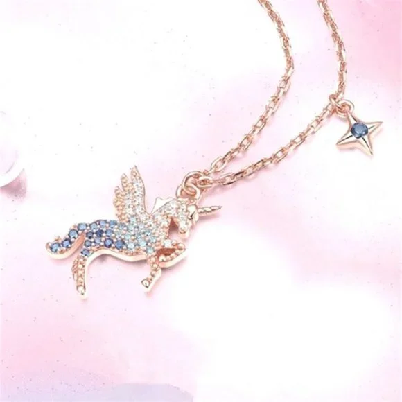 NEW 14k Rose Gold Plated 925 Silver Sapphire Unicorn Necklace