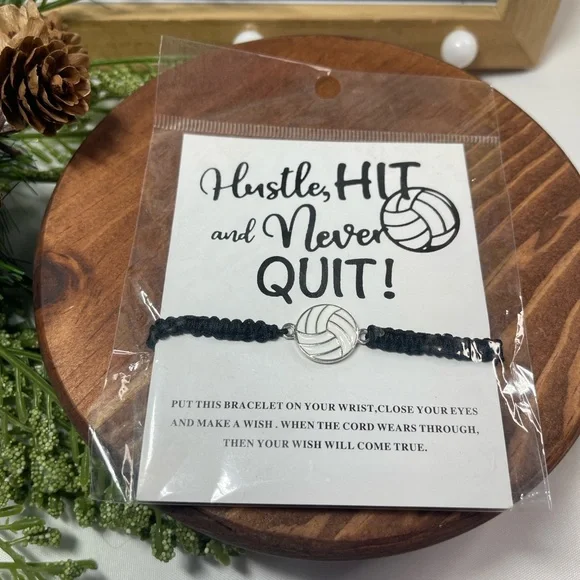 Volleyball Wish Bracelet – Hustle Hit Never Quit – Black Cord Adjustable Team