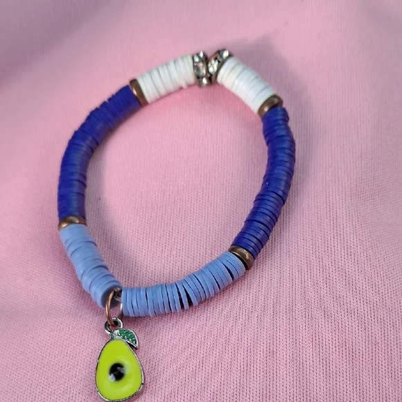 Avocado Charm Beaded Bracelet in Blue, White & Lime