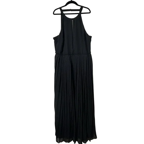 Abercrombie & Fitch Black Pleated Halter Maxi Dress Sz XL Keyhole Neck Open Back