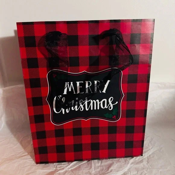 Merry Christmas black N Red Plaid Paper Gift Bag 12”x9.5”x4.5” Pre-Owned