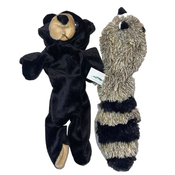 No Stuffing Squeaky Plush Dog Toys Black Bear and Raccoon