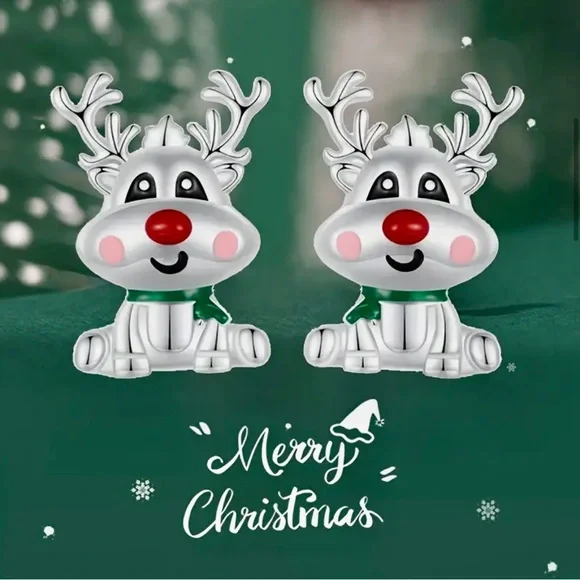 Silver Reindeer Christmas Earrings-NIP