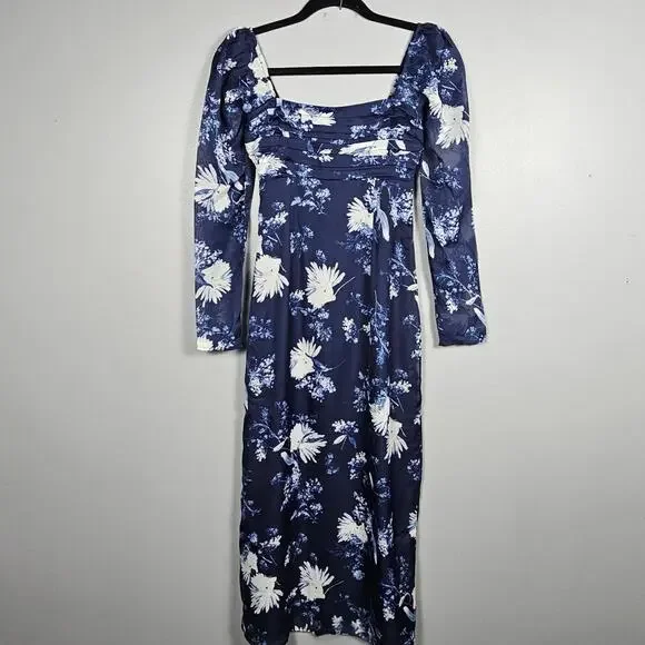 Abercrombie & Fitch Blue Floral Smocked‎ Maxi Dress Puff Sleeve XXS Square Neck
