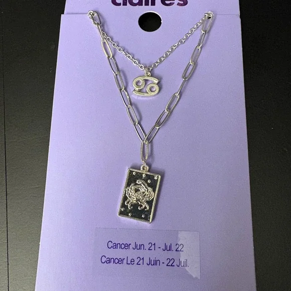 NWT Claires Silver Cancer Zodiac Layered Set of 2 Necklaces July June Gift‎