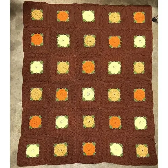 VTG Afghan Blanket 3D Flower Crochet Granny Square Handmade Throw Brown 60”x50”