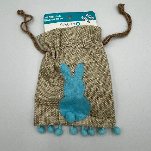 Celebrate It Easter Fabric Bag Kids OS Tan Blue Brand New Bunny Burlap Pouch
