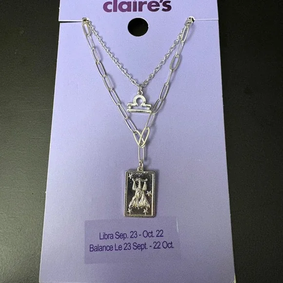 NWT Claires Silver Libra‎ Zodiac Layered Set of 2 Necklaces Sept Oct Gift