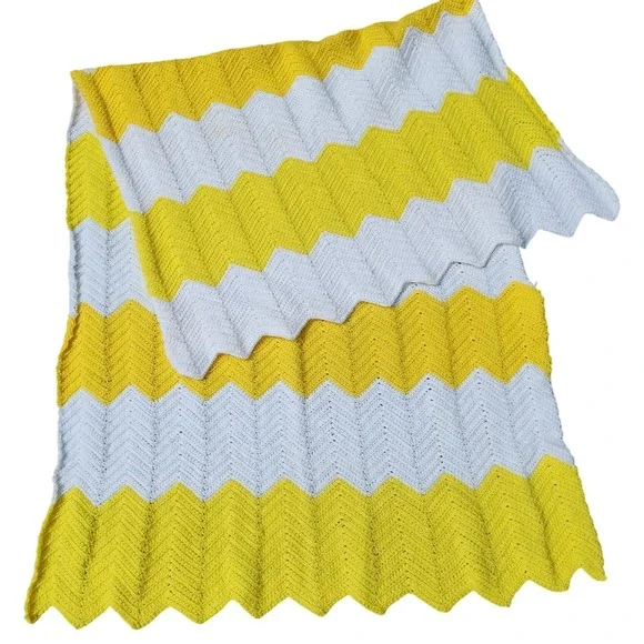Handmade VTG Crochet Blanket Yellow Chevron Afghan Throw Knit 68x36