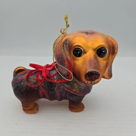 Gift Wrapped Dachshund Puppy Dog Christmas Hanging Glass‎ Ornament Figure 4.5
