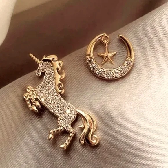 Unicorn & Moon Asymmetrical Crystal & Cubic Zircon Stud Earrings