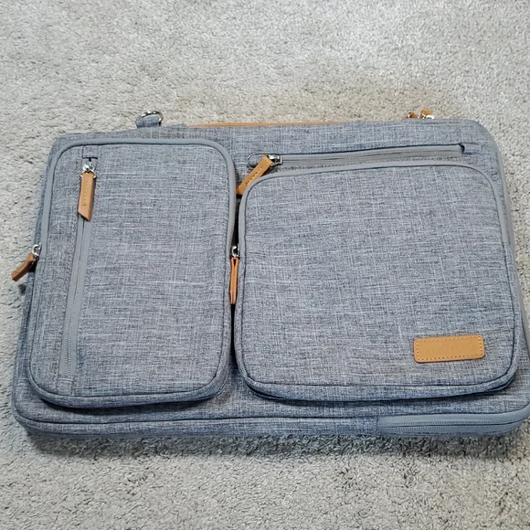 Gray Mosiso Laptop Bag with Tan Accents. Multiple Pockets And Carry Strap. EUC
