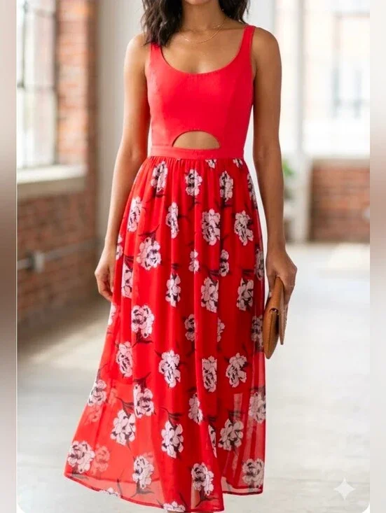 Abercrombie & Fitch Ruby Blossom Cutout Maxi Dress Red Floral Size XS