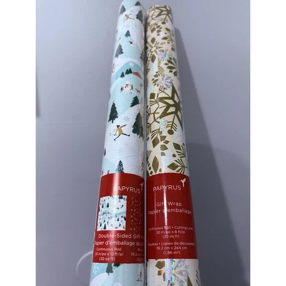2 Papyrus Gift Wrapping‎ Paper Snowflakes Winter Skiing Christmas