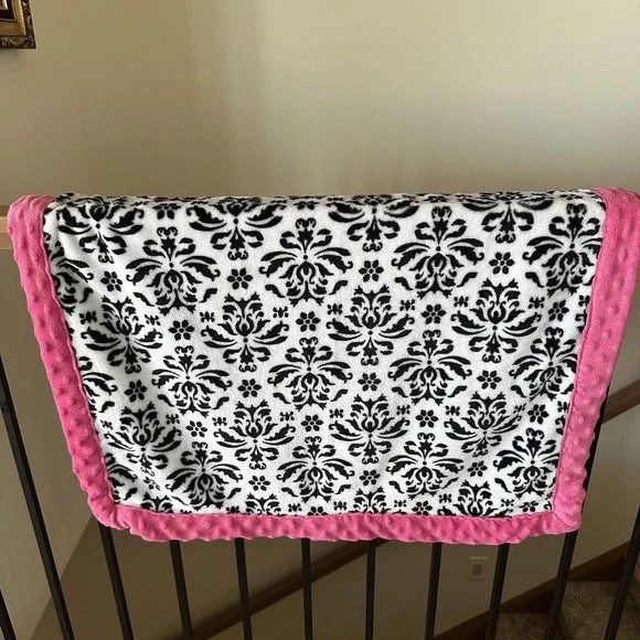 Okie Dokie Damask Baby Blanket Black White Hot Pink Minky Dot Trim Edge 30x40