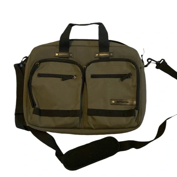 Samsonite travel bag laptop olive green strap multiple pockets 16x11.5”