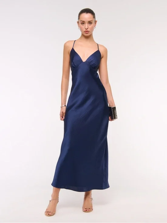 NWT XL Abercrombie & Fitch Tie-Back Maxi Dress in Blue Midnight Blue