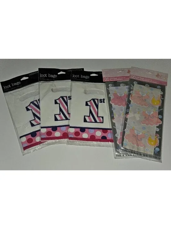 NEW Baby Girl 1st Birthday Loot Gift Bags Pink Purple Dresses Bibs Baby Shower