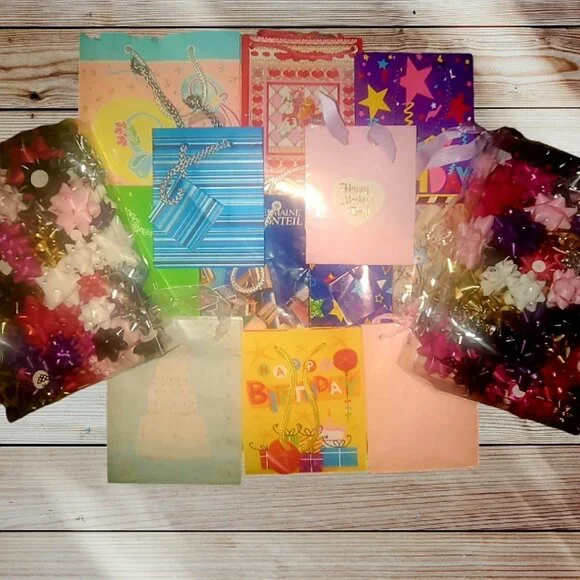 Lot of 12 Assorted MINI Mixed Occasion Paper Gift Bags & 50+ Bows Approx. 3