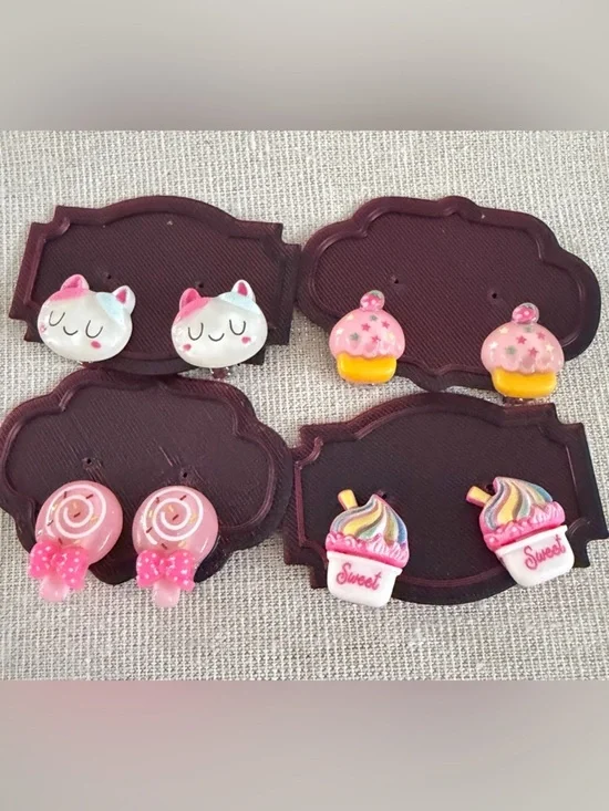 Cute Pink Dessert & Cat Clip-On Earring Set