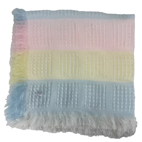 Vintage Rainbow Pastel Baby Blanket Fringe Throw Soft Acrylic Crib 38x38