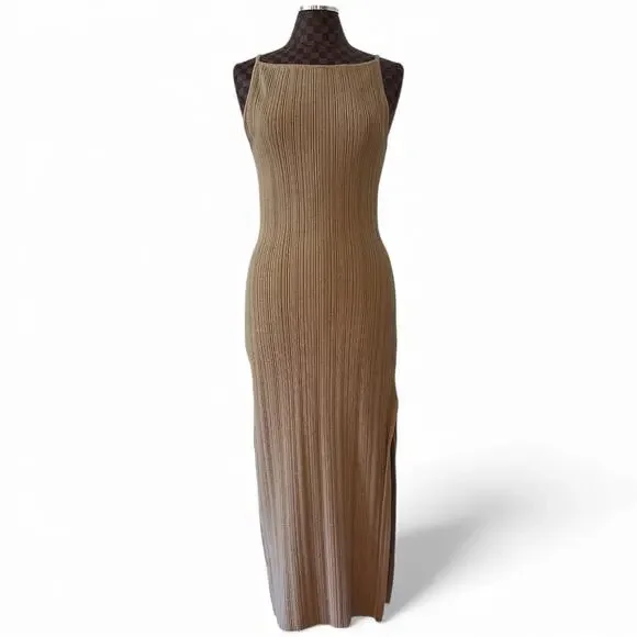 Abercrombie & Fitch Ribbed Sweater Maxi Cami Slip Dress Size Large Tan Shift Y2K