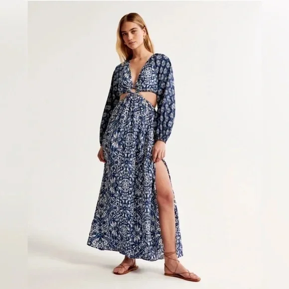 Abercrombie & Fitch Blue Long-Sleeve Plunge Cutout Maxi Dress size XS