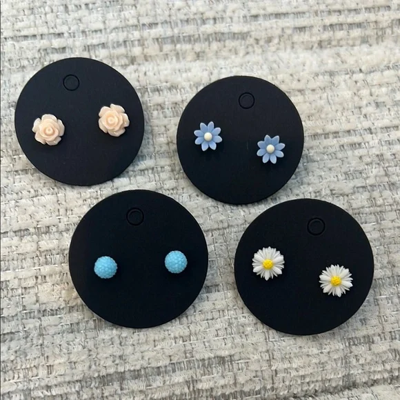 Floral Kids Earrings Set - Cream,‎ Blue, White
