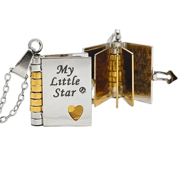 My Little Star Silver and Gold Locket Book Necklace Lasser Engraved For Daughter