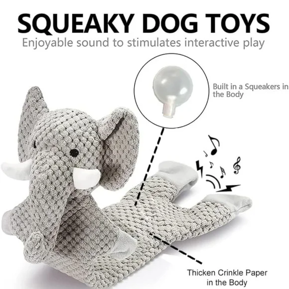 Gray Plush Elephant Squeaky Dog Toy Crinkle Paper Unstuffed Flat Pet Toy 12in