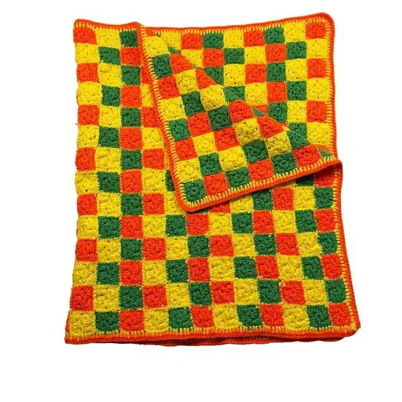 Vintage MidCentury Crochet Throw Blanket Granny Square Green Orange Yellow