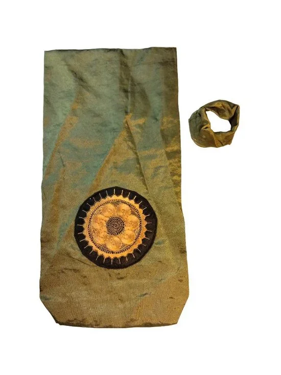 Fabric Wine Bottle Bag Green Embroidered Gold Flower Medallion Boho Gift