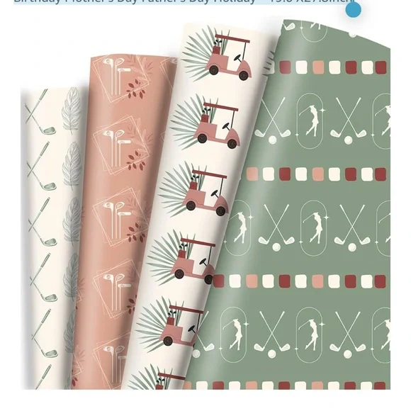 Golf-Themed Wrapping Paper Set - Green, Pink, Cream new