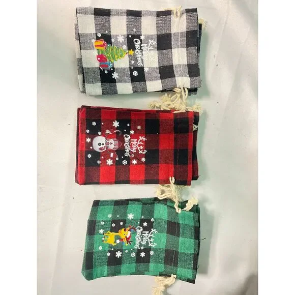 12 Festive Buffalo Plaid Christmas Gift Bags‎ Set Holiday Drawstring Pouches