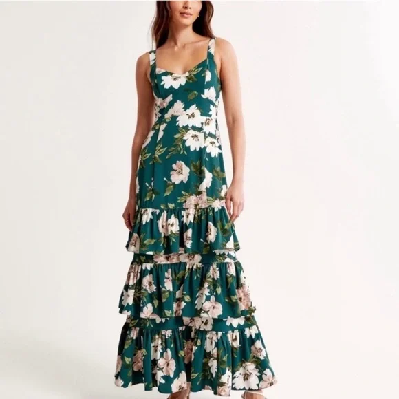 NWT Abercrombie Drama Ruffle Floral Tiered Maxi Dress in Teal