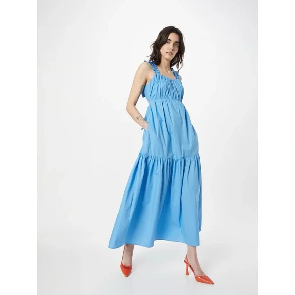 Abercrombie & Fitch Tiered Bow Back Ruffle Poplin Maxi Dress Coastal Blue Small
