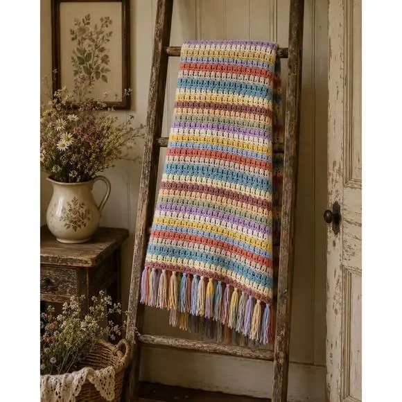 Handmade Rainbow Crochet Afghan Throw Blanket With Fringe Pastel Cottagecore