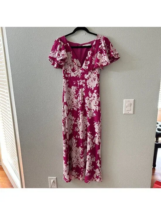 NWT Abercrombie & Fitch Fuschia Floral Ruffle Sleeve Slip Maxi Dress XS Petite
