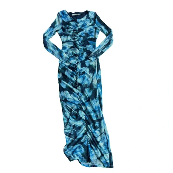 Abercrombie & Fitch Blue Abstract Ruched Long Sleeve Maxi Dress Womens XSP