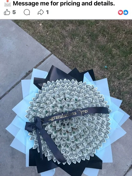 Money Bouquet with Black Ribbon and Light Blue Wrap