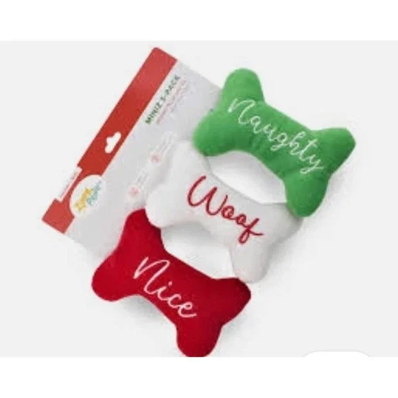 Zippy Paws Holiday Mini Bone‎ Plush Dog Toys 3-Pack Naughty Nice Woof