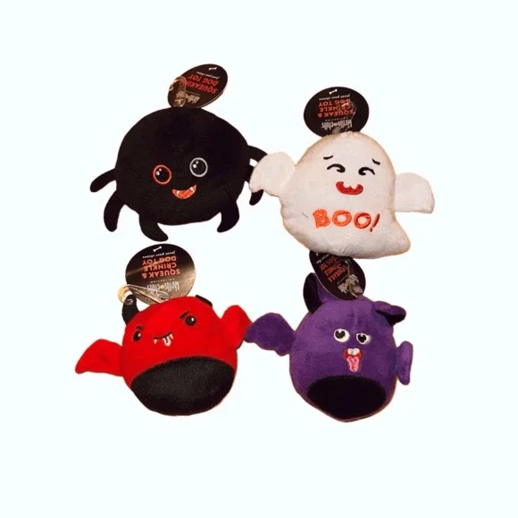 Thrills and Chills Dog Toys Squeak Halloween NWT Set Of 4 Bat Ghost Spider Devil