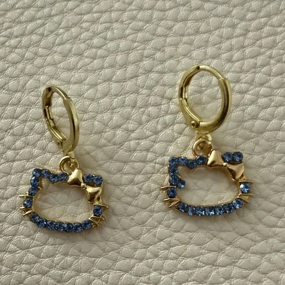 Gold Plated Blue Hello Kitty Huggie Earrings