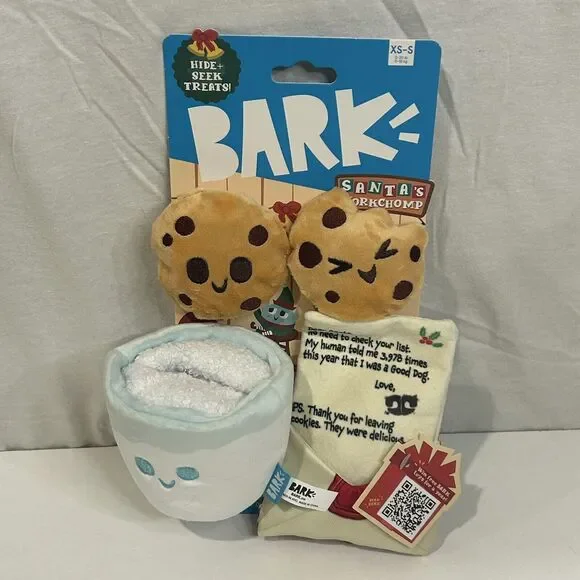 Bark Santas Workchomp Dog Toy 0-20 lbs Hide Treats Squeak Crinkle XS-S NWT