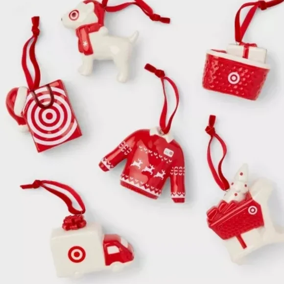 6pc Ceramic Target Christmas Tree Ornament Set Red/White - Wondershop™