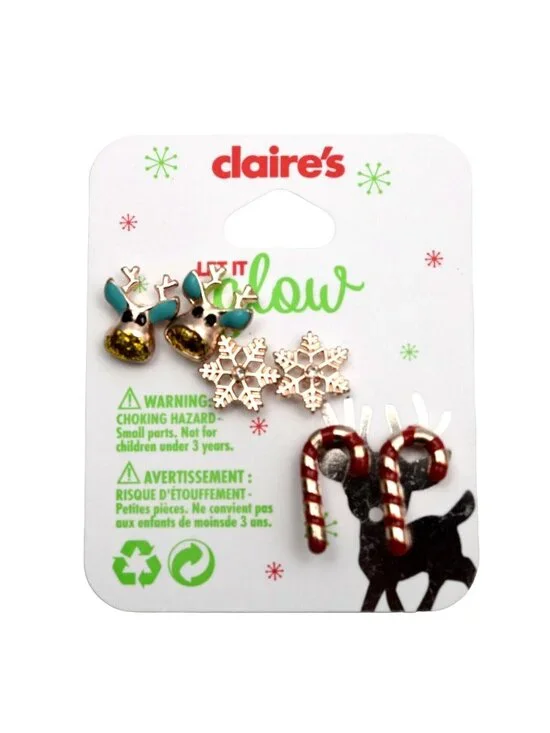 Claires Christmas Earrings Reindeer Candy Cane Snowflake 3 Pair Pierced Post