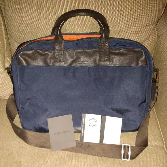 ❤️GIORGIO FEDON Navy and Brown Canvas Leather Laptop Briefcase +Shoulder Strap