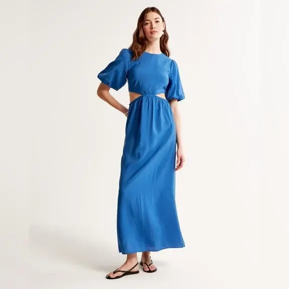NWT Abercrombie & Fitch Blue Cut-Out Puff Sleeve Maxi Dress Size Medium