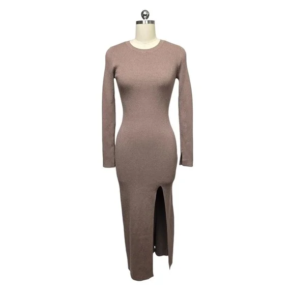 Abercrombie & Fitch Ribbed Knit‎ Maxi Dress Side Slit Soft Taupe Tan Size Small
