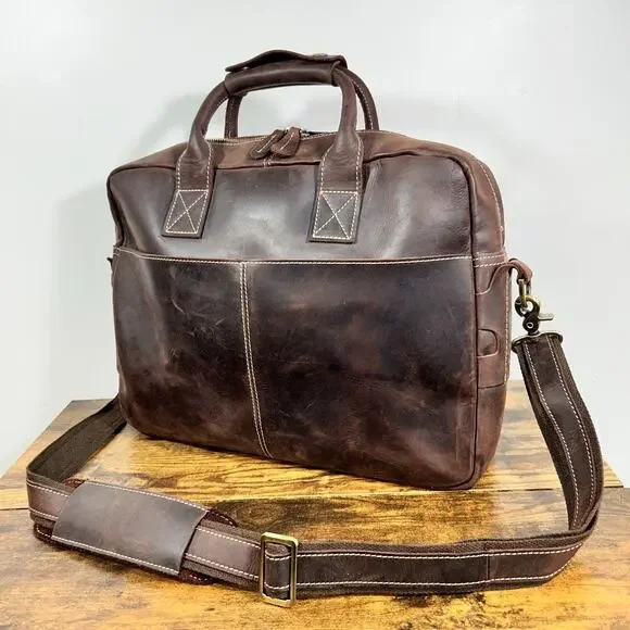 Leather Laptop Briefcase Bag Shoulder Strap Travel Storage Organizer